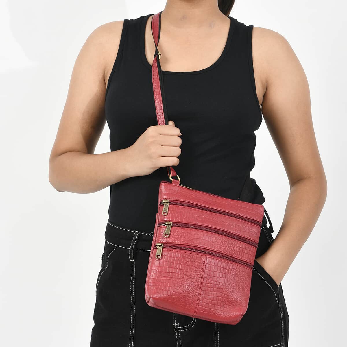 Red Genuine Leather Croco Embossed Crossbody Bag image number 1