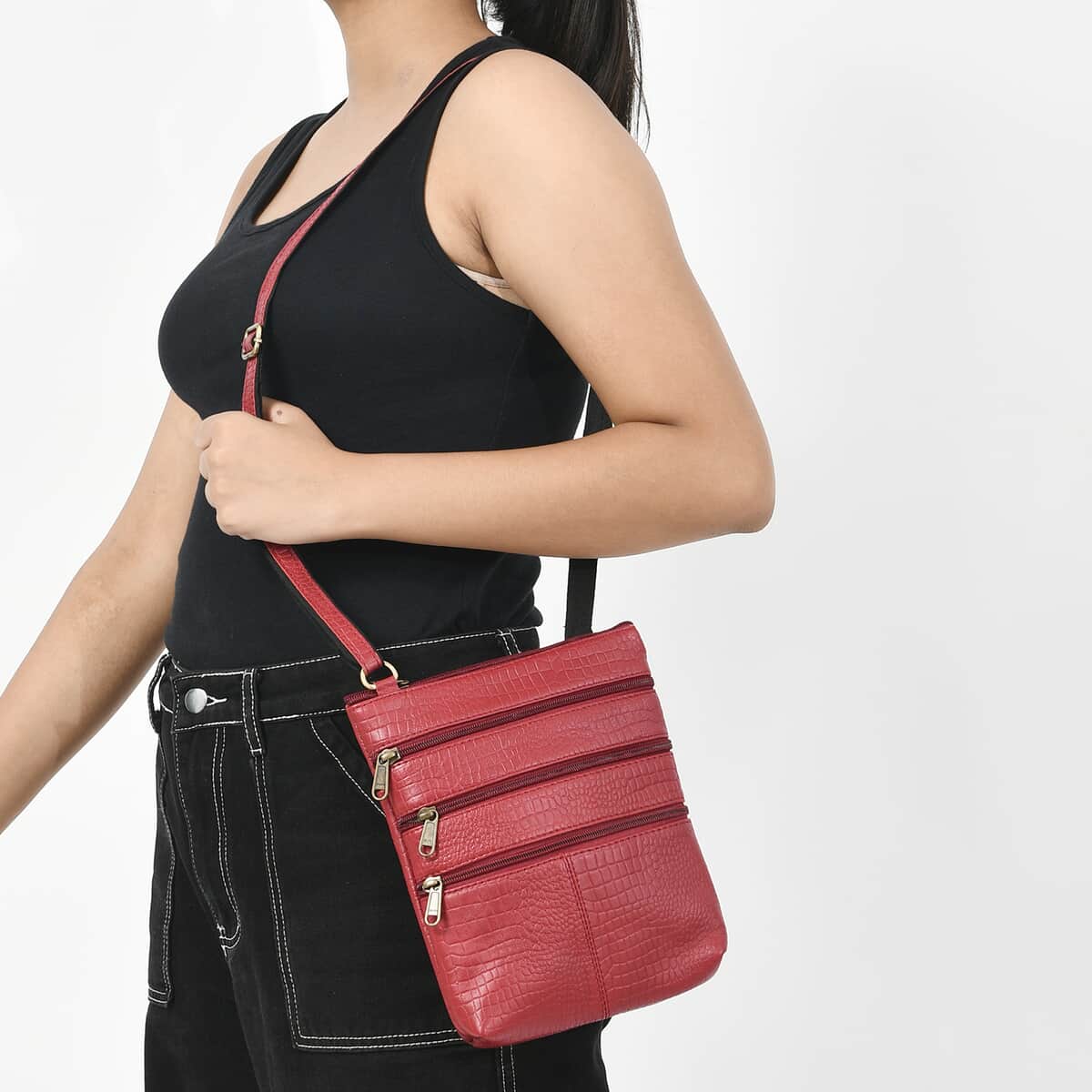 Red Genuine Leather Croco Embossed Crossbody Bag image number 2