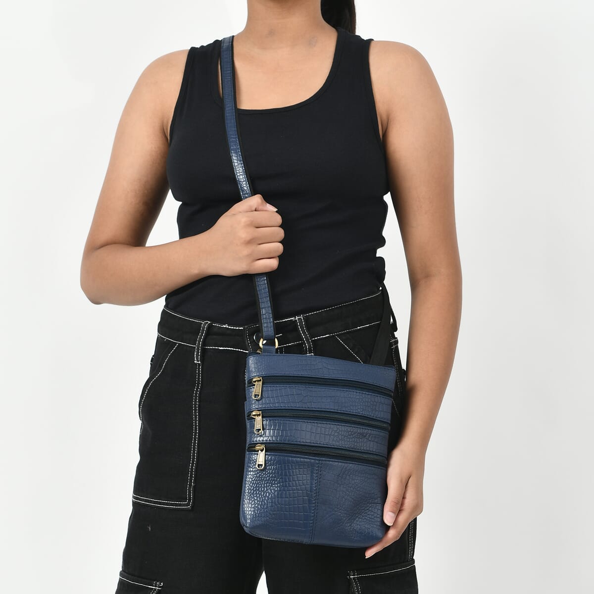 Navy Genuine Leather Croco Embossed Crossbody Bag image number 1