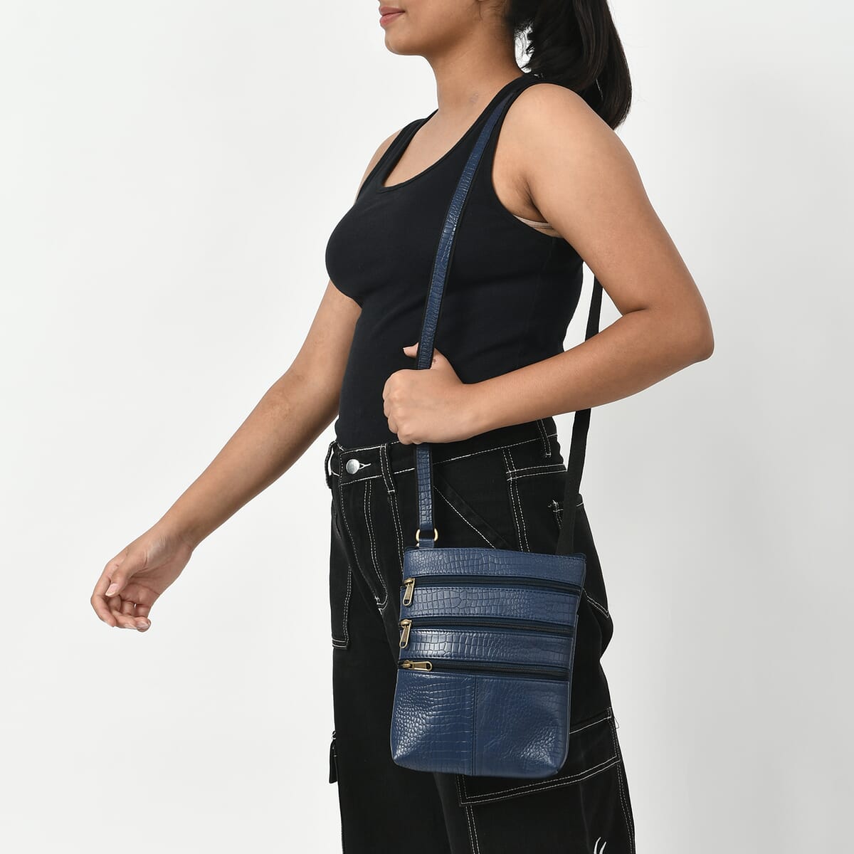 Navy Genuine Leather Croco Embossed Crossbody Bag image number 2