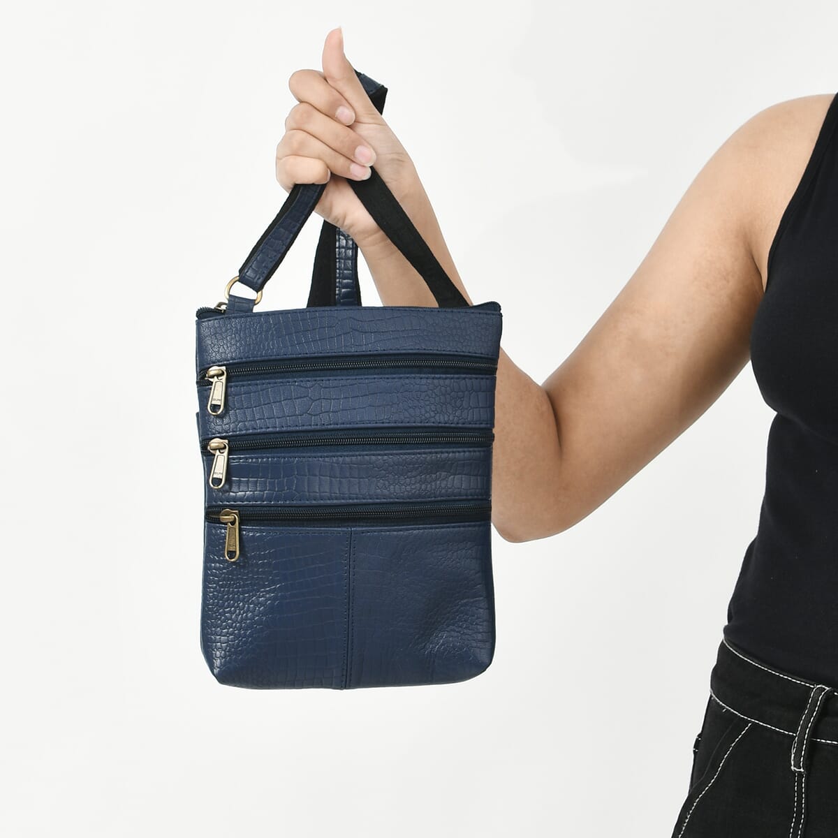 Navy Genuine Leather Croco Embossed Crossbody Bag image number 3