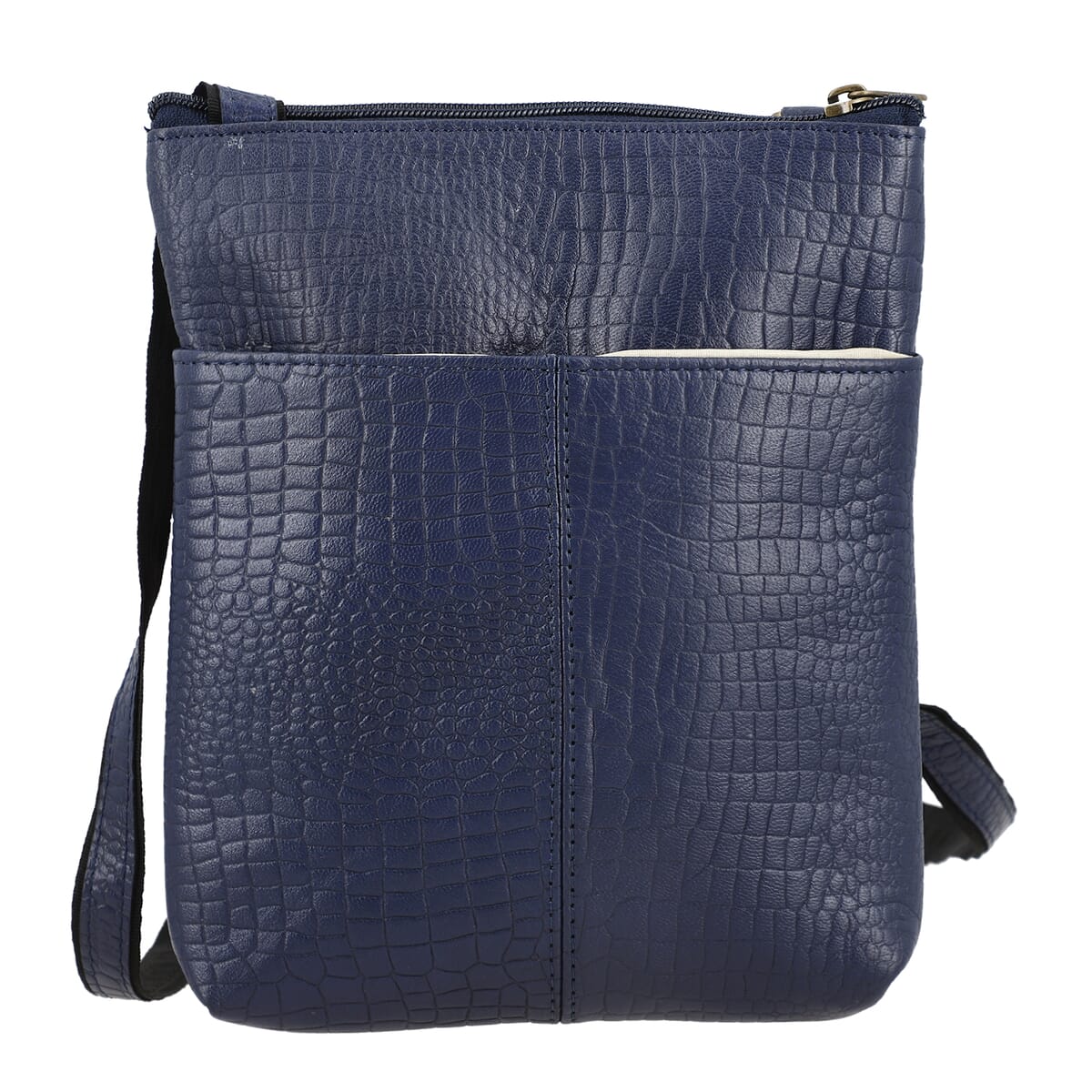 Navy Genuine Leather Croco Embossed Crossbody Bag image number 4