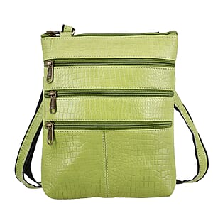 Olive Green Genuine Leather Croco Embossed Crossbody Bag