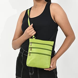 Olive Green Genuine Leather Croco Embossed Crossbody Bag