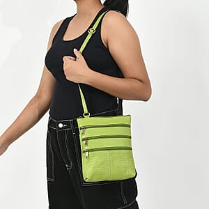 Olive Green Genuine Leather Croco Embossed Crossbody Bag