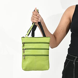 Olive Green Genuine Leather Croco Embossed Crossbody Bag