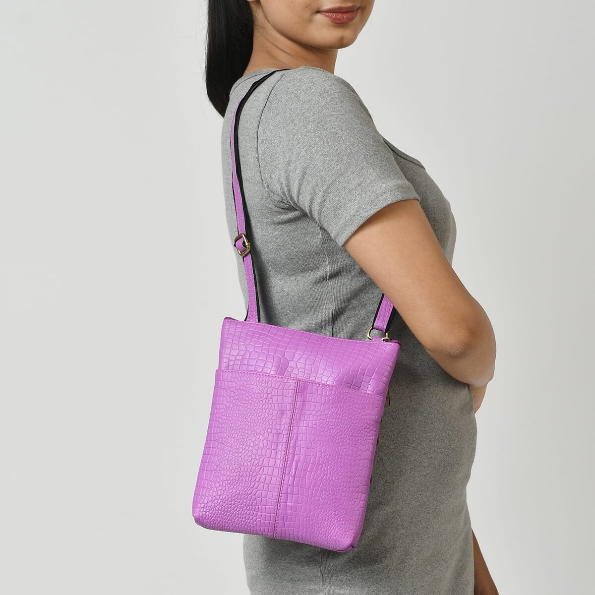 Lavender Genuine Leather Croco Embossed Crossbody Bag image number 1