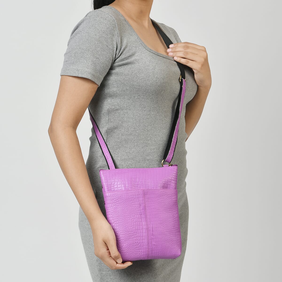 Lavender Genuine Leather Croco Embossed Crossbody Bag image number 2