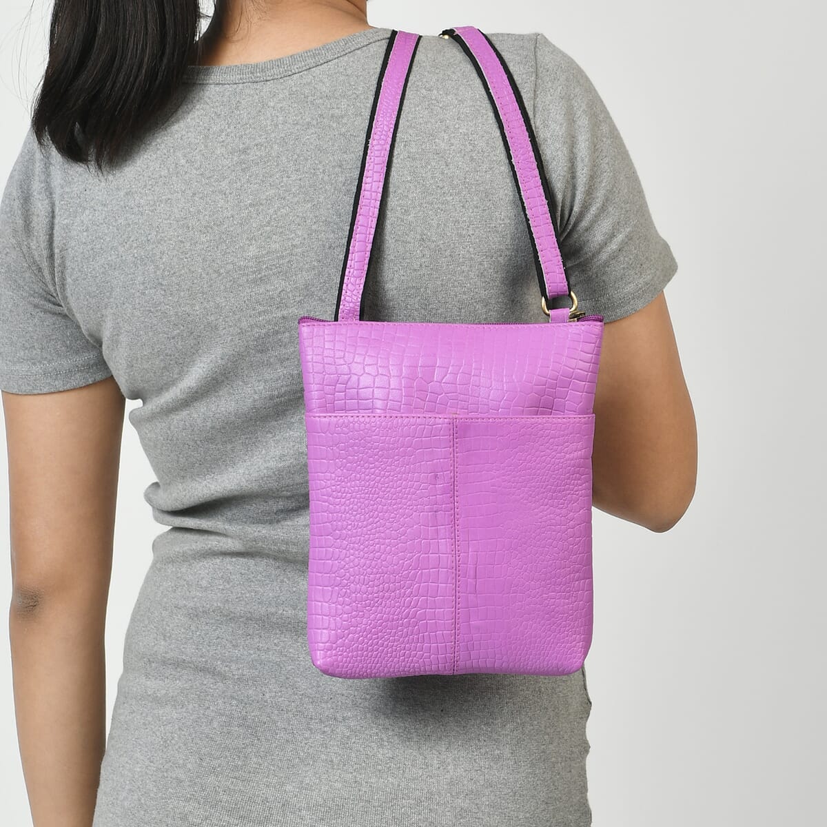 Lavender Genuine Leather Croco Embossed Crossbody Bag image number 3