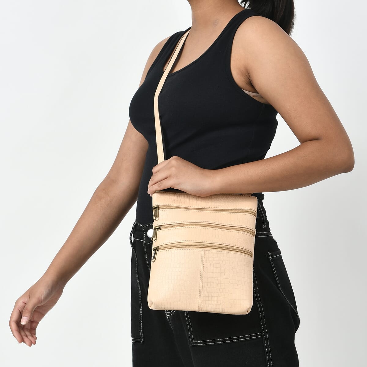 Gray Genuine Leather Croco Embossed Crossbody Bag image number 2