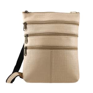 Beige Genuine Leather Croco Embossed Crossbody Bag