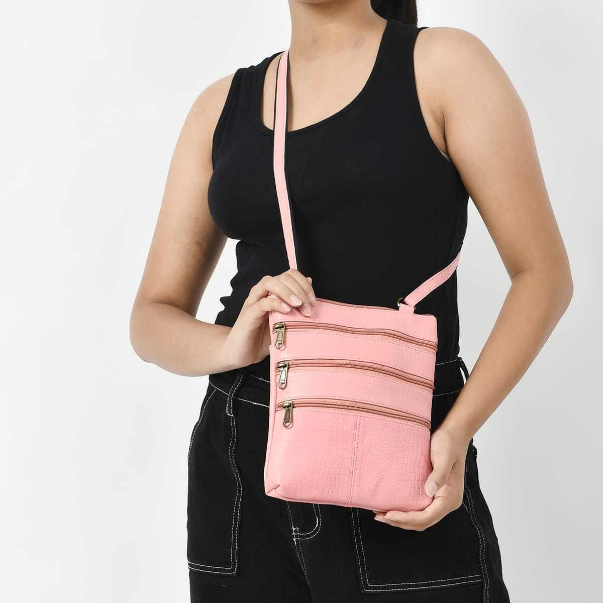 Pink Genuine Leather Croco Embossed Crossbody Bag image number 1