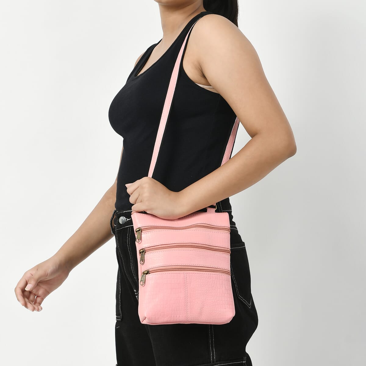 Pink Genuine Leather Croco Embossed Crossbody Bag image number 2