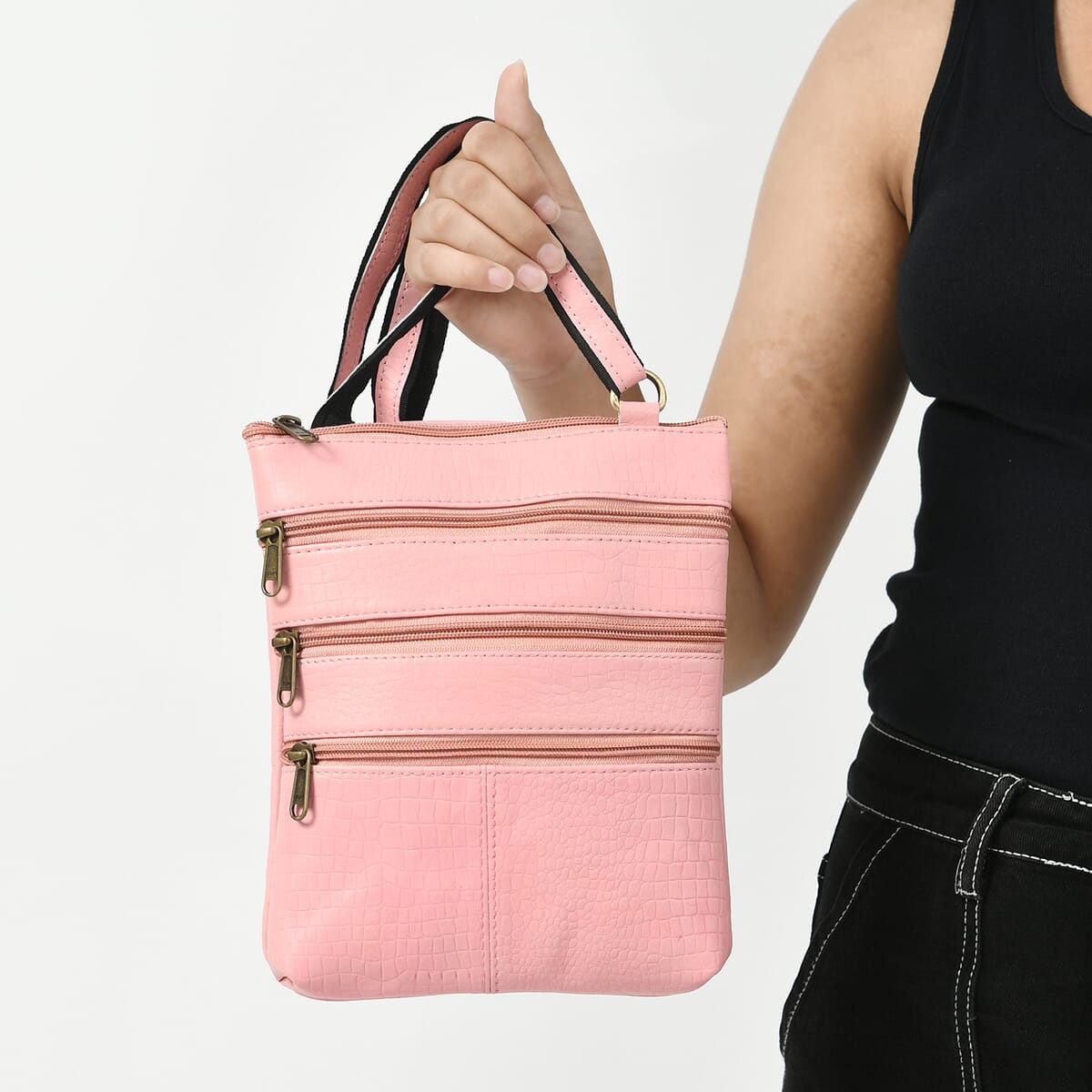 Pink Genuine Leather Croco Embossed Crossbody Bag image number 3