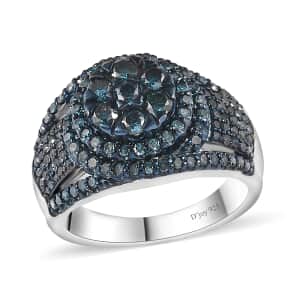 Blue Diamond Cocktail Ring in Platinum Over Sterling Silver (Size 6.0) 1.00 ctw