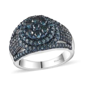 Blue Diamond Cocktail Ring in Platinum Over Sterling Silver (Size 8.0) 1.00 ctw