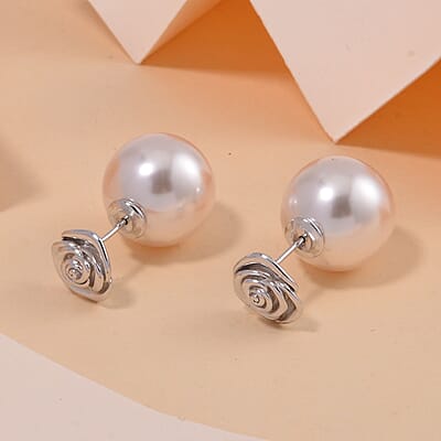 White Shell Pearl Earrings in Rhodium Over Sterling Silver  18.00 ctw