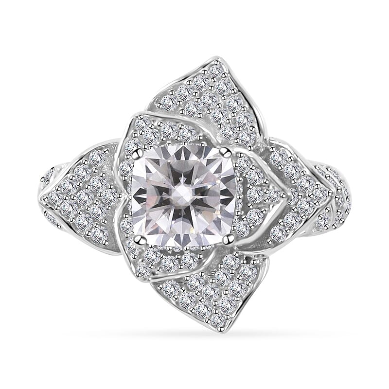 Moissanite Floral Ring in Platinum Over Sterling Silver (Size 6.0) 2.35 ctw