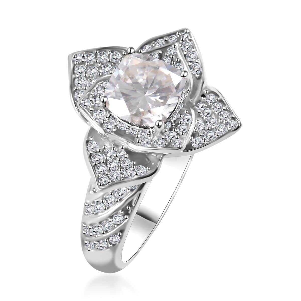 Moissanite Floral Ring in Platinum Over Sterling Silver (Size 6.0) 2.35 ctw image number 2