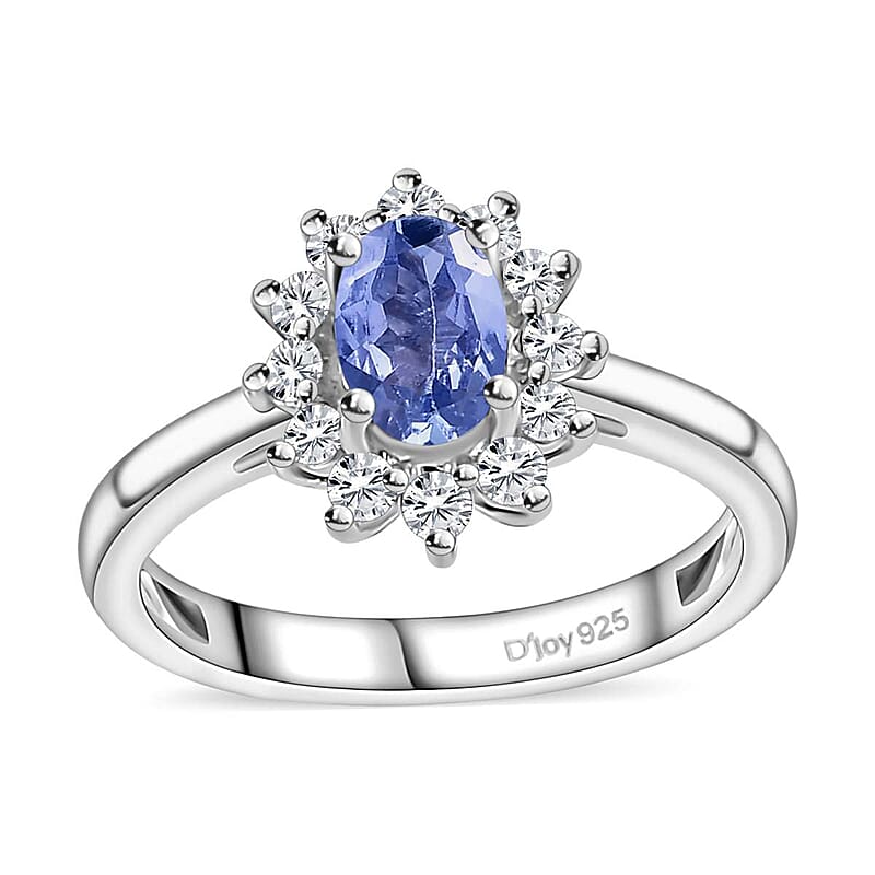 D'Joy Tanzanite and White Zircon Sunburst Ring in Platinum Over Sterling Silver (Size 10.0) 1.00 ctw