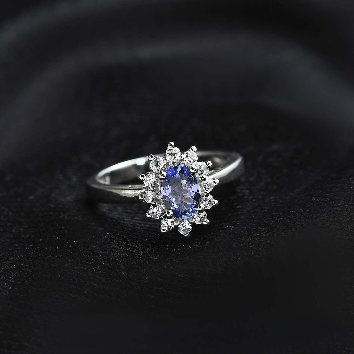 D'Joy Tanzanite and White Zircon Sunburst Ring in Platinum Over Sterling Silver (Size 10.0) 1.00 ctw