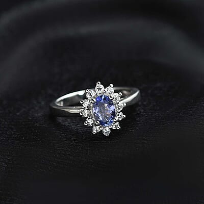 D'Joy Tanzanite and White Zircon Sunburst Ring in Platinum Over Sterling Silver (Size 10.0) 1.00 ctw