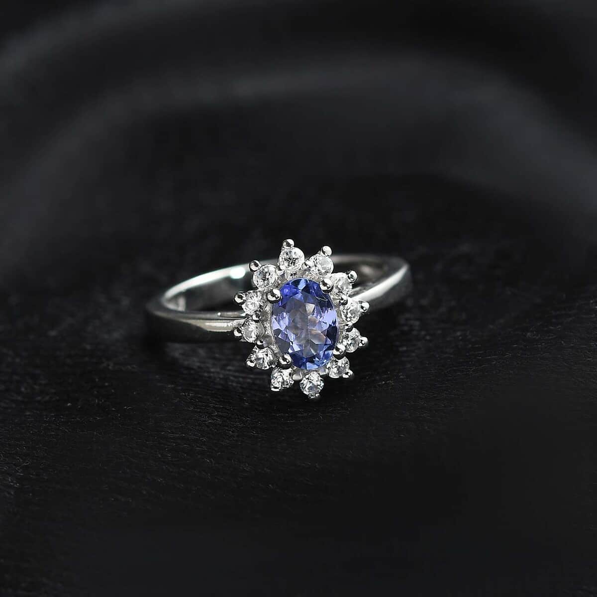 Tanzanite and White Zircon Sunburst Ring in Platinum Over Sterling Silver (Size 10.0) 1.00 ctw image number 1
