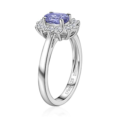 D'Joy Tanzanite and White Zircon Sunburst Ring in Platinum Over Sterling Silver (Size 10.0) 1.00 ctw