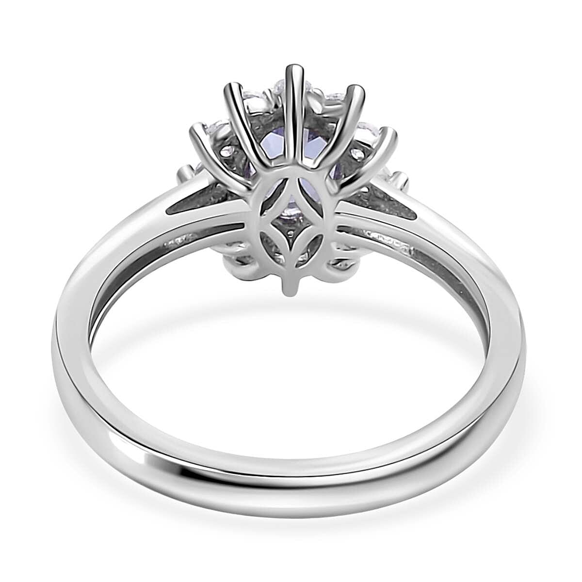 D'Joy Tanzanite and White Zircon Sunburst Ring in Platinum Over Sterling Silver (Size 10.0) 1.00 ctw
