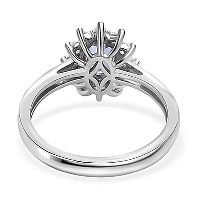 D'Joy Tanzanite and White Zircon Sunburst Ring in Platinum Over Sterling Silver (Size 10.0) 1.00 ctw