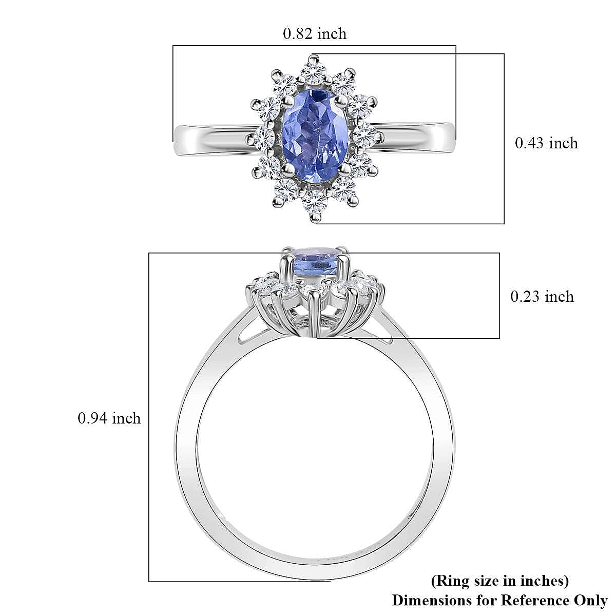 D'Joy Tanzanite and White Zircon Sunburst Ring in Platinum Over Sterling Silver (Size 10.0) 1.00 ctw