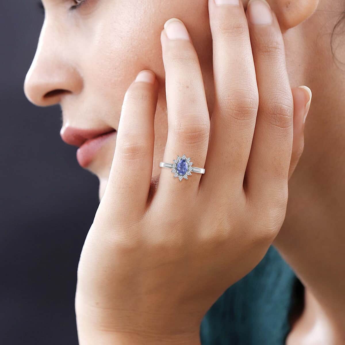 Tanzanite and White Zircon Sunburst Ring in Platinum Over Sterling Silver (Size 8.0) 1.00 ctw image number 2