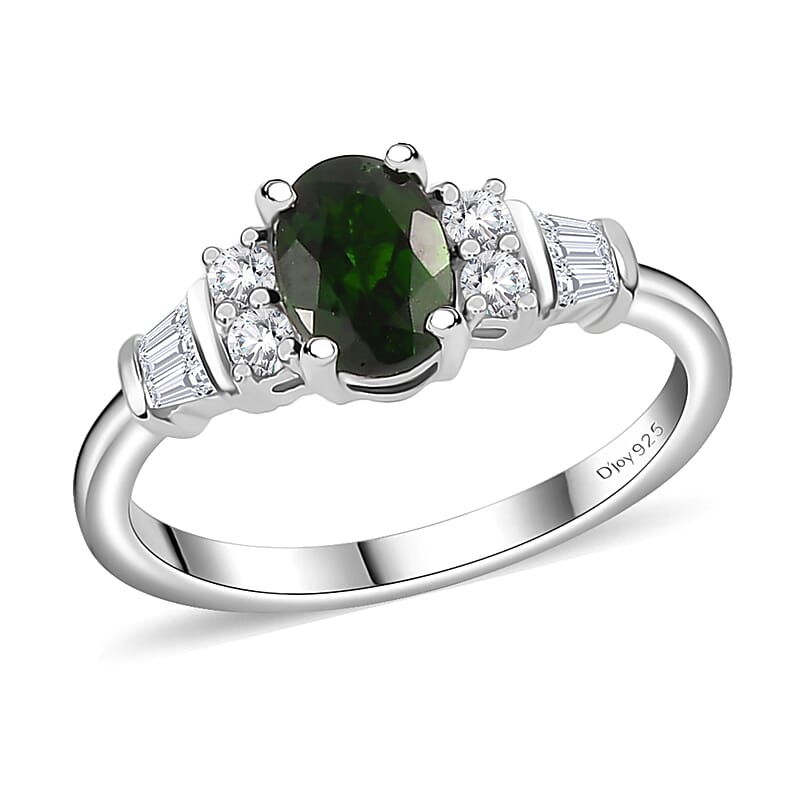 Chrome Diopside and White Zircon Ring in Platinum Over Sterling Silver (Size 10.0) 1.25 ctw