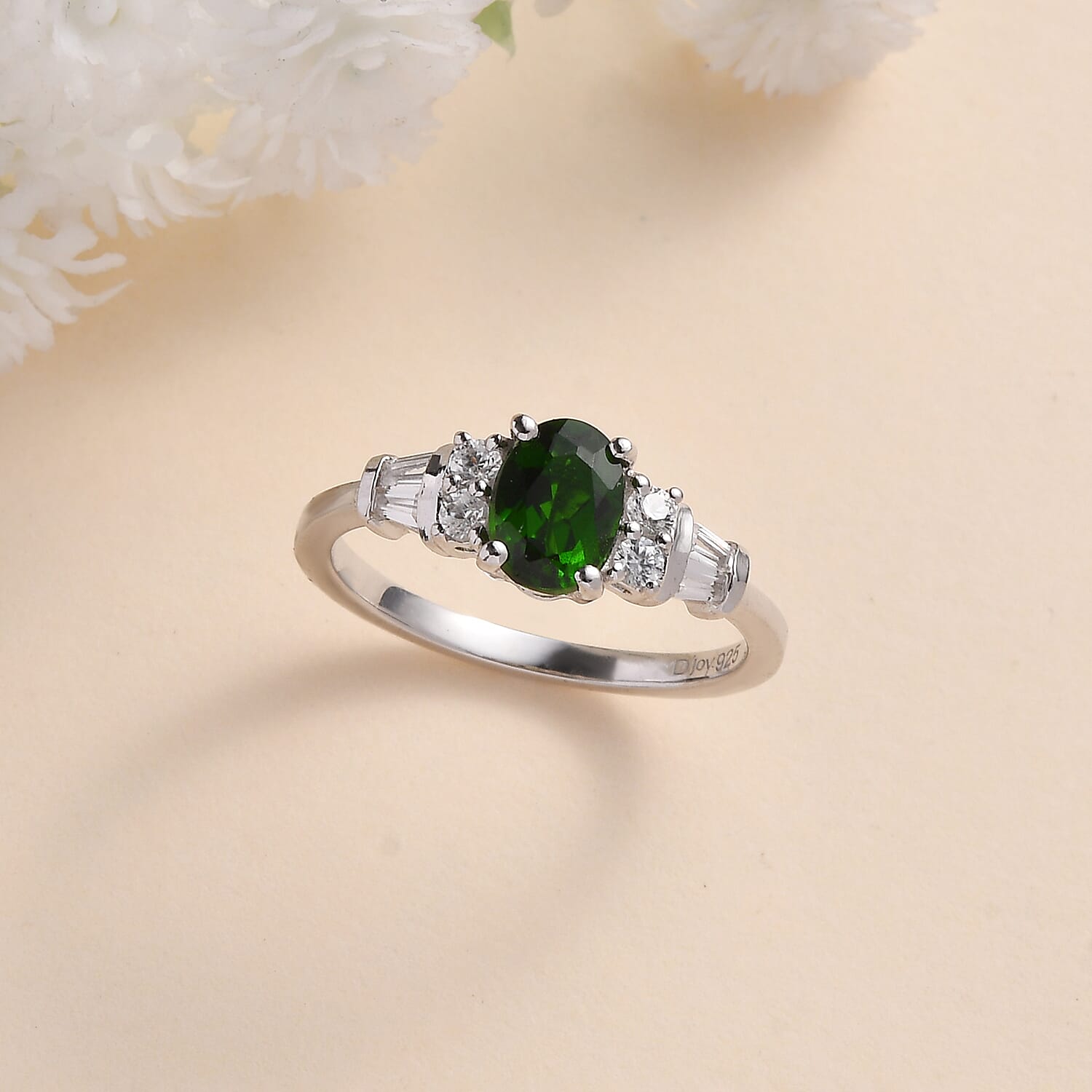 Chrome Diopside and White Zircon Ring in Platinum Over Sterling Silver (Size 10.0) 1.25 ctw