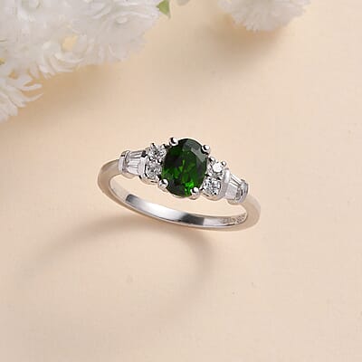 Chrome Diopside and White Zircon Ring in Platinum Over Sterling Silver (Size 10.0) 1.25 ctw