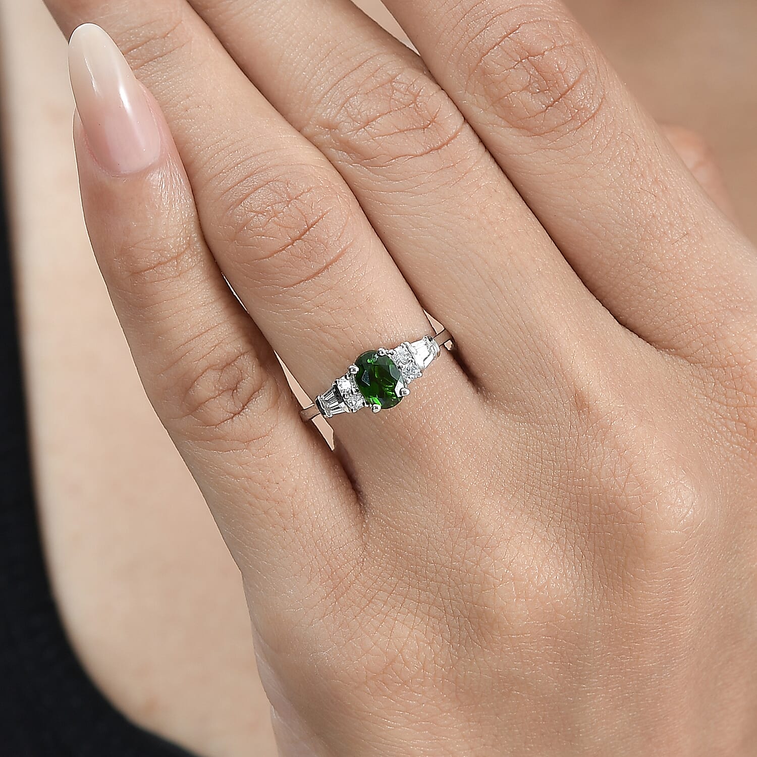 Chrome Diopside and White Zircon Ring in Platinum Over Sterling Silver (Size 10.0) 1.25 ctw