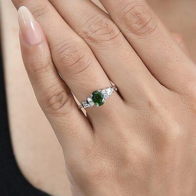 Chrome Diopside and White Zircon Ring in Platinum Over Sterling Silver (Size 10.0) 1.25 ctw