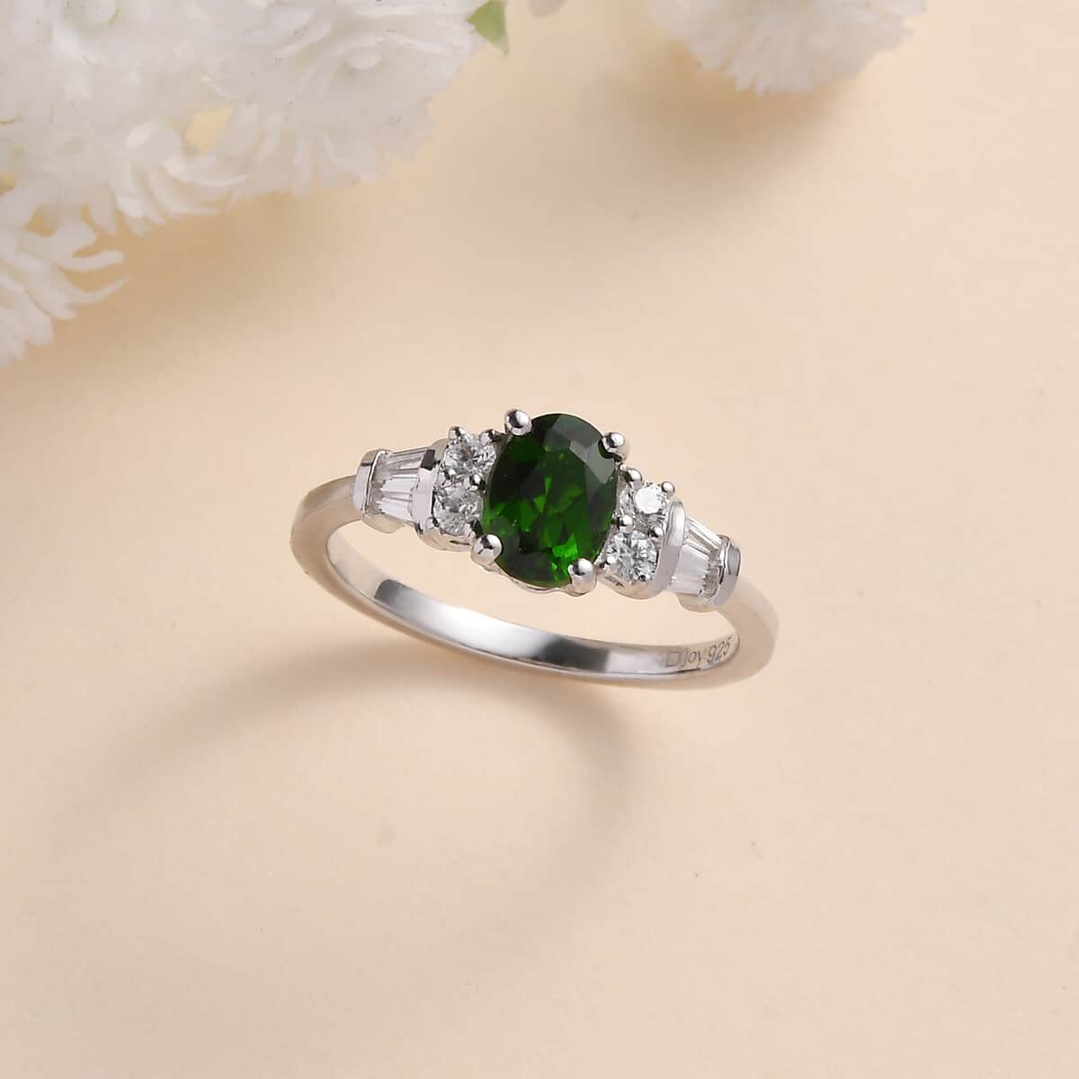 Chrome Diopside and White Zircon Ring in Platinum Over Sterling Silver (Size 6.0) 1.25 ctw image number 1