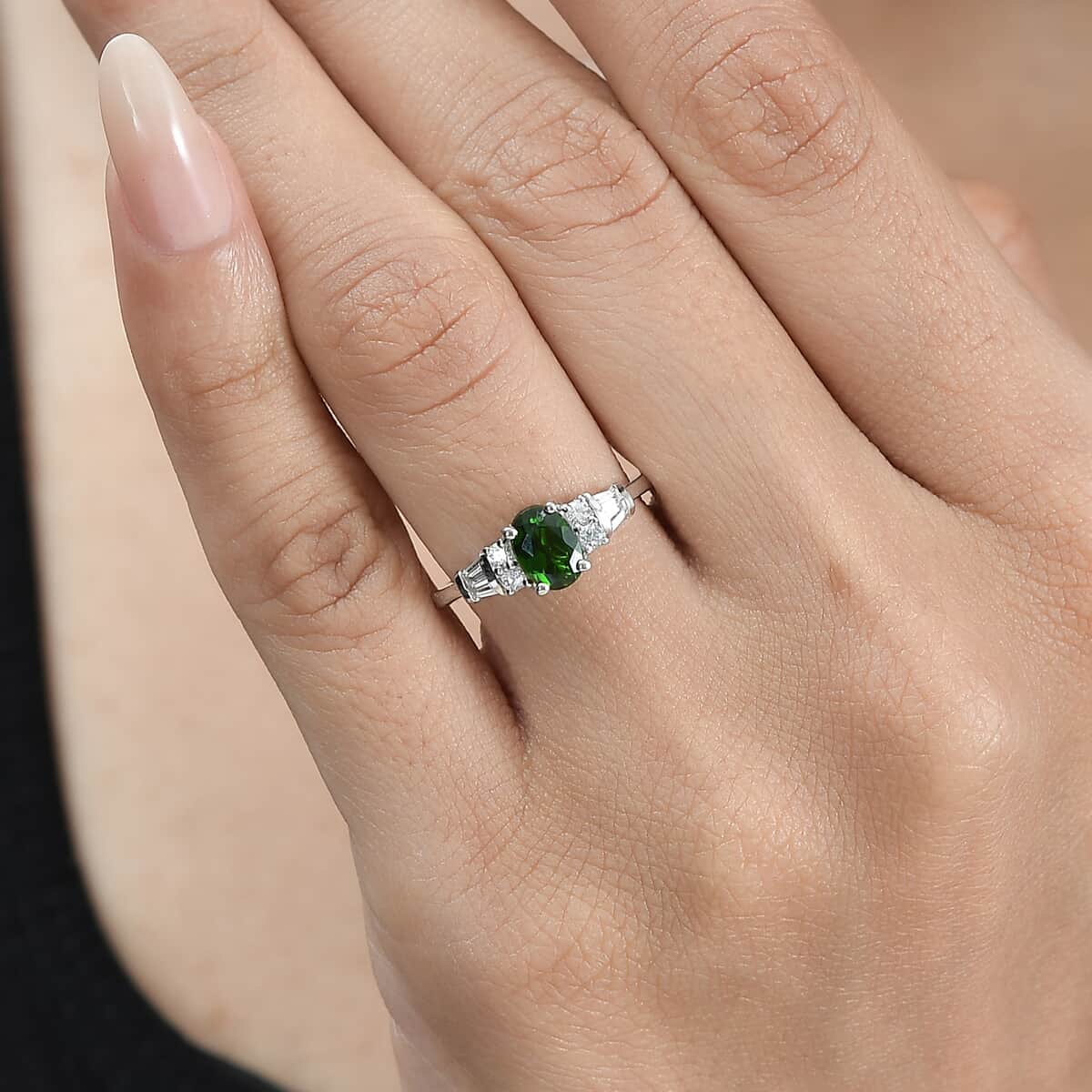 Chrome Diopside and White Zircon Ring in Platinum Over Sterling Silver (Size 6.0) 1.25 ctw image number 2