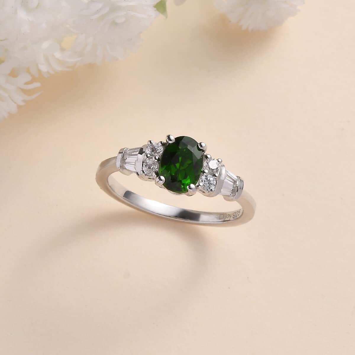 Chrome Diopside and White Zircon Ring in Platinum Over Sterling Silver (Size 7.0) 1.25 ctw image number 1