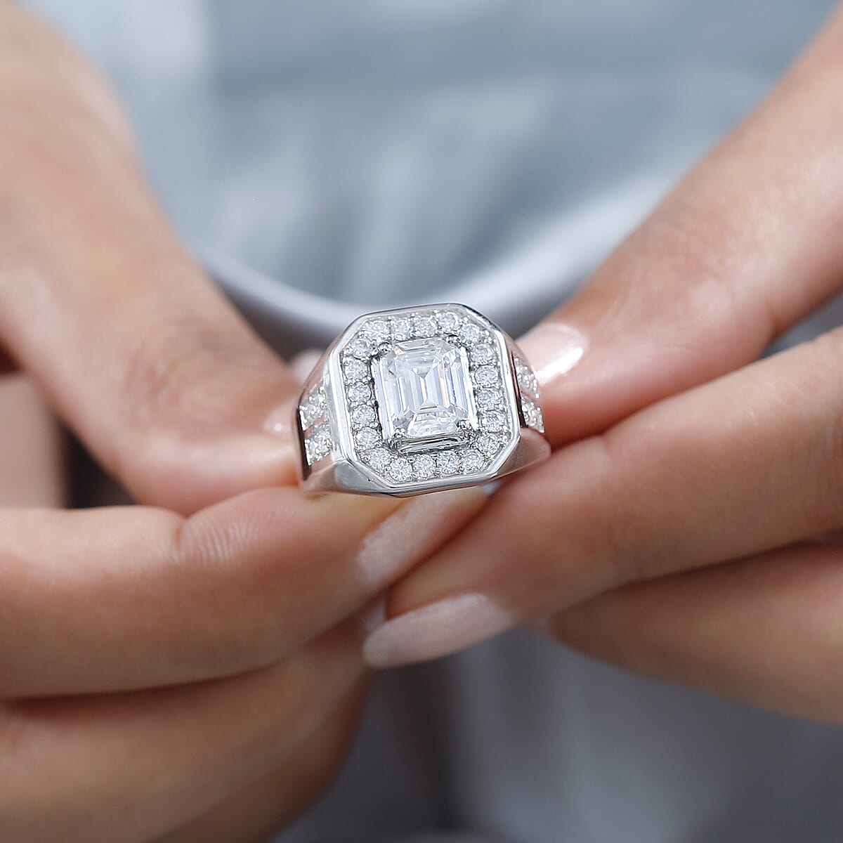 Doorbuster D'Joy Moissanite 3.40 ctw Royal Signet Men's Ring in Rhodium Over Sterling Silver (Size 14.0) image number 2