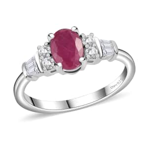 Niassa Ruby (FF) and White Zircon Ring in Platinum Over Sterling Silver (Size 5.0) 1.60 ctw