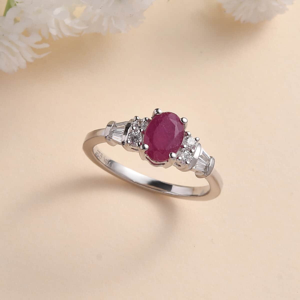 Niassa Ruby (FF) and White Zircon Ring in Platinum Over Sterling Silver (Size 5.0) 1.60 ctw image number 1