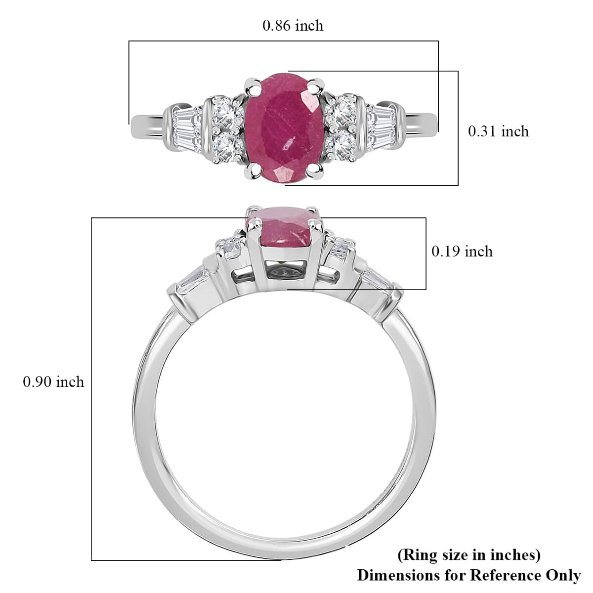 Niassa Ruby (FF) and White Zircon Ring in Platinum Over Sterling Silver (Size 5.0) 1.60 ctw image number 5