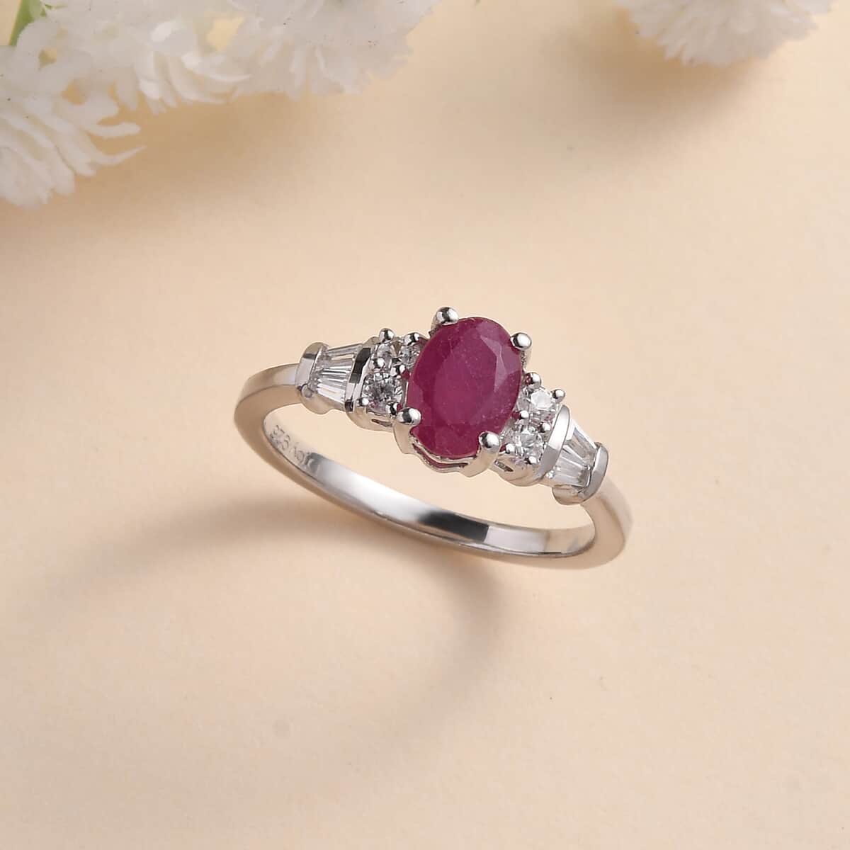 Niassa Ruby (FF) and White Zircon Ring in Platinum Over Sterling Silver (Size 7.0) 1.60 ctw image number 1