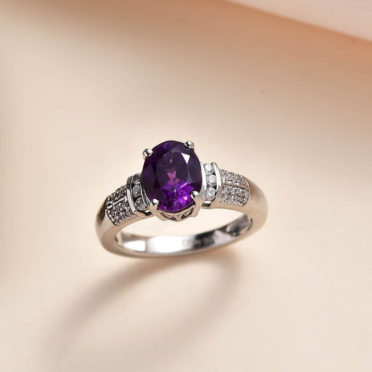 Moroccan Amethyst and White Zircon Ring in Platinum Over Sterling Silver (Size 5.0) 2.00 ctw image number 1