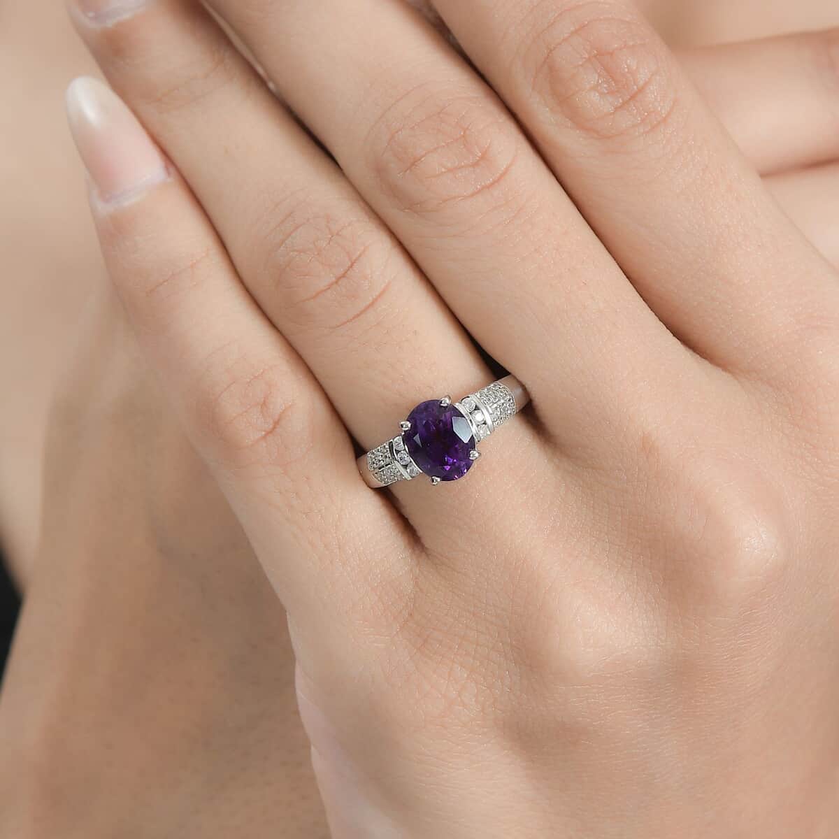 Moroccan Amethyst and White Zircon Ring in Platinum Over Sterling Silver (Size 5.0) 2.00 ctw image number 2