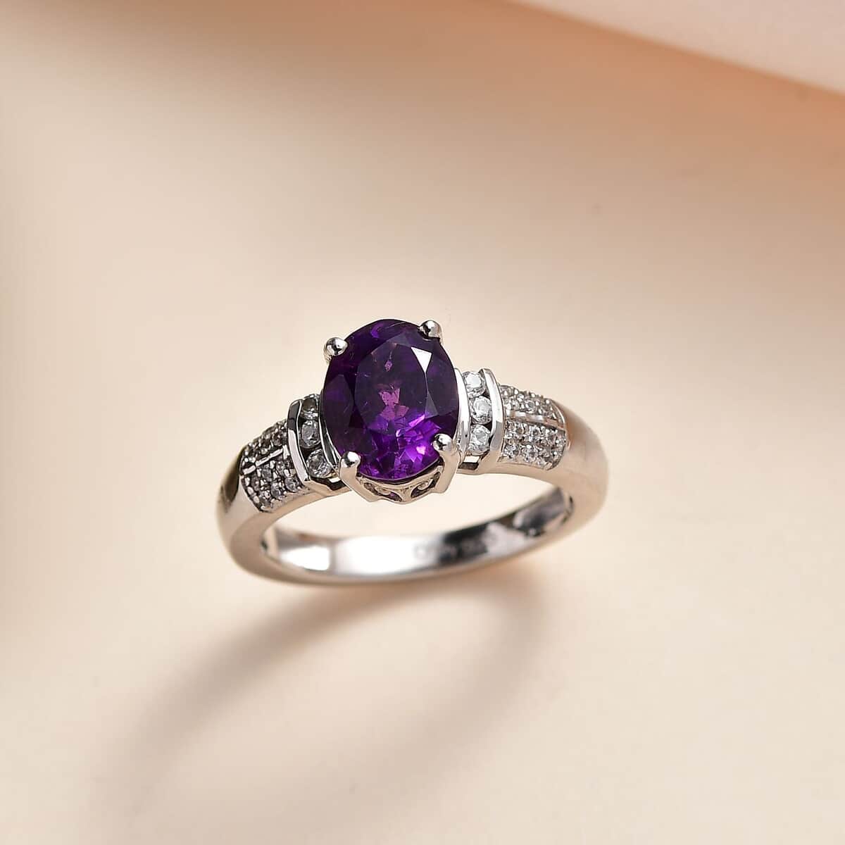 Moroccan Amethyst and White Zircon Ring in Platinum Over Sterling Silver (Size 6.0) 2.00 ctw image number 1