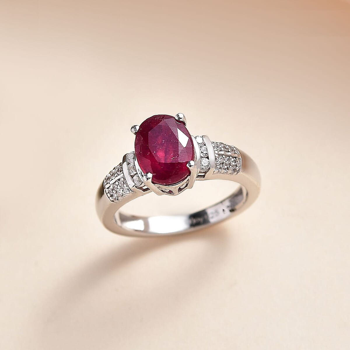 Niassa Ruby (FF) and White Zircon Ring in Platinum Over Sterling Silver (Size 5.0) 3.15 ctw image number 1