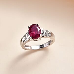 Niassa Ruby (FF) and White Zircon Ring in Platinum Over Sterling Silver (Size 5.0) 3.15 ctw